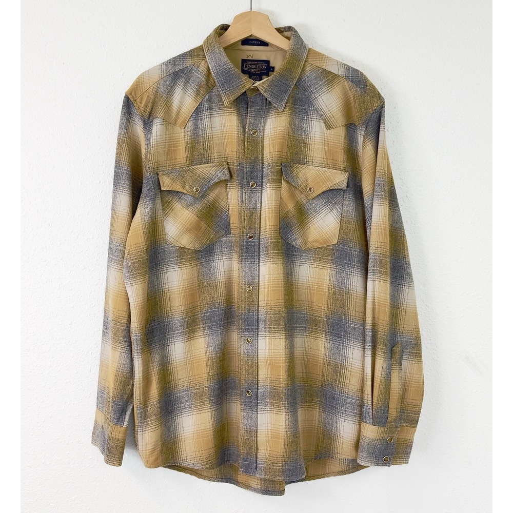 Pendleton Canyon Surf Wool Western Shirt Mens Large Grey Tan Plaid Pearl Snap L
